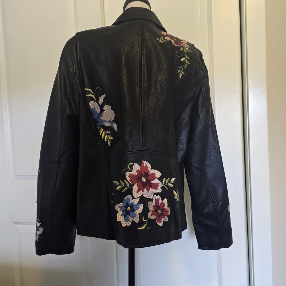 New Dennis Basso Madison Ave Embroider Floral Black Faux Leather Moto Jacket XL - Picture 6 of 14
